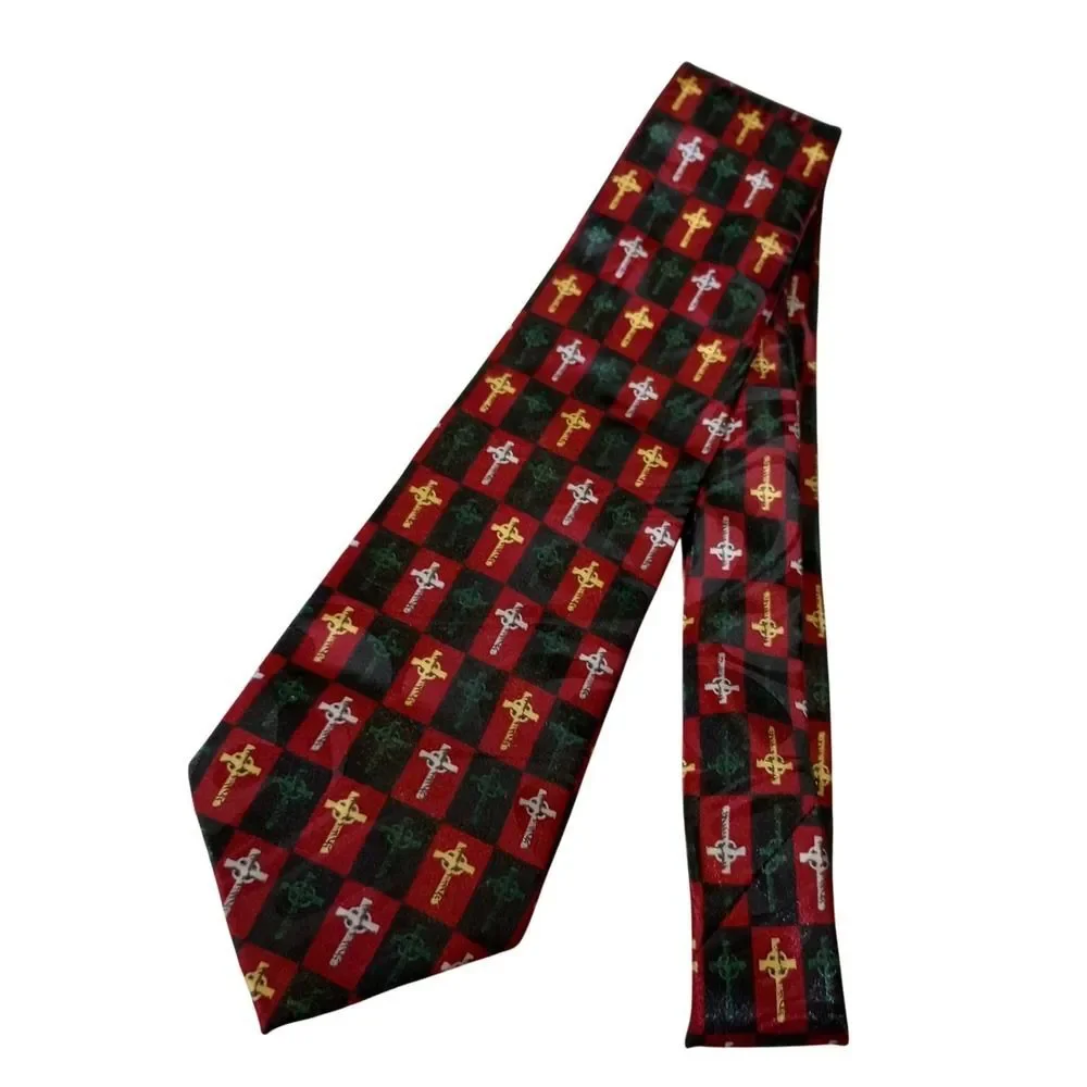 Steven Harris Mens Celtic Cross Checkered Necktie Red Black Handmade Polyester